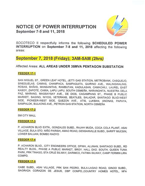 NOTICE OF POWER INTERRUPTION .
